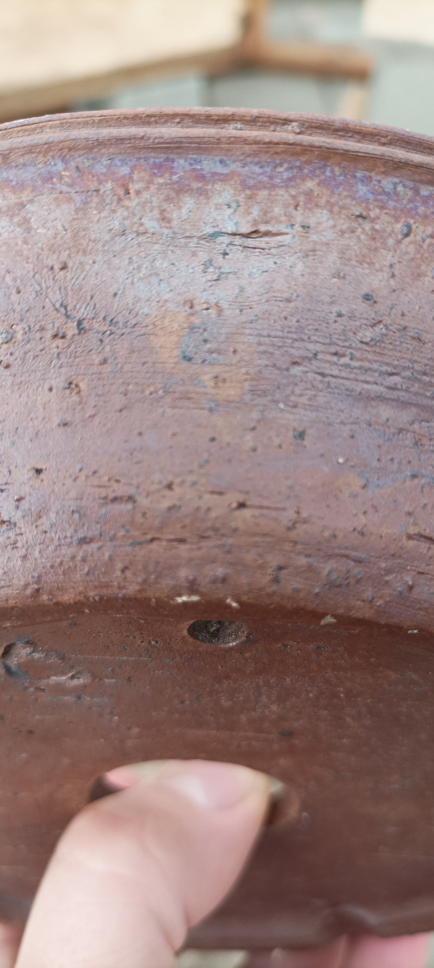 Shallow, round pot with ash glaze and finger marks by Mr. Mitunobu Ito #54