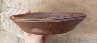 Shallow, round pot with ash glaze and finger marks by Mr. Mitunobu Ito #54